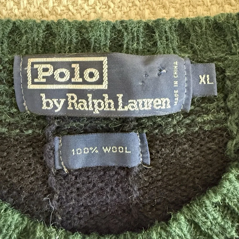 Vintage Polo Ralph Lauren Men's XL Wool Sweater Plaid Crew Neck Blue Green Knit